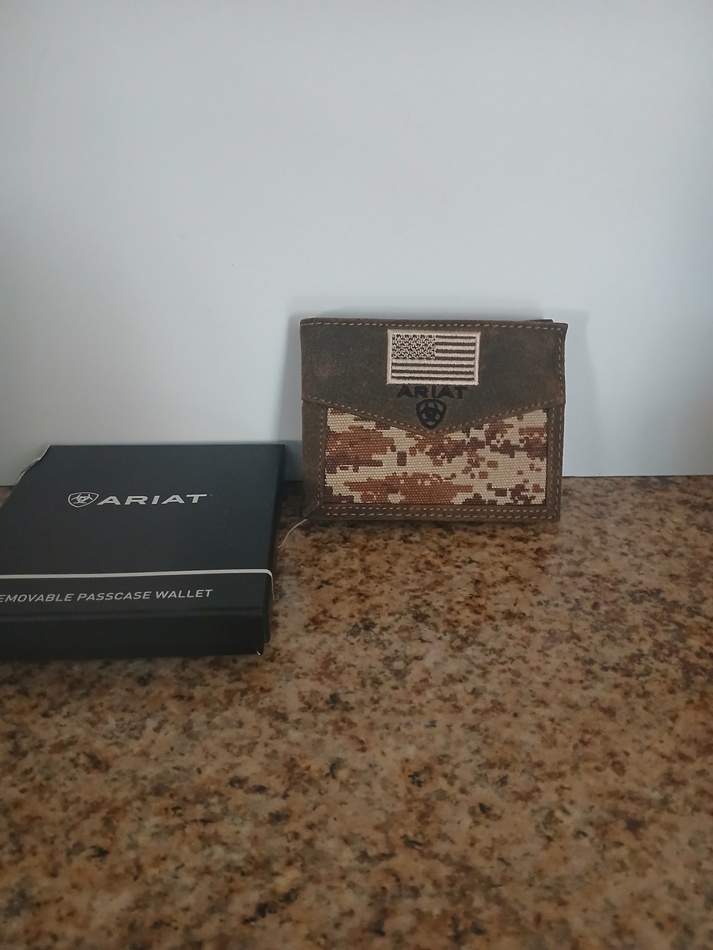 Ariat Brown & Tan Digital Camo Men's Bifold Wallet with Flag Patch